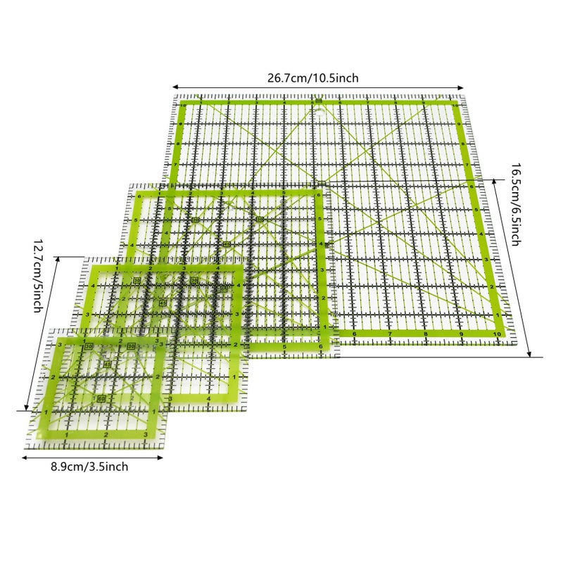 LINXIAO Quilting Rulers,Sewing Ruler,4 Piece Quilting Square Templates Green(3.5""x3.5"",5""x5"",6.5""x6.5"",10.5""x10.5"") - Image 2